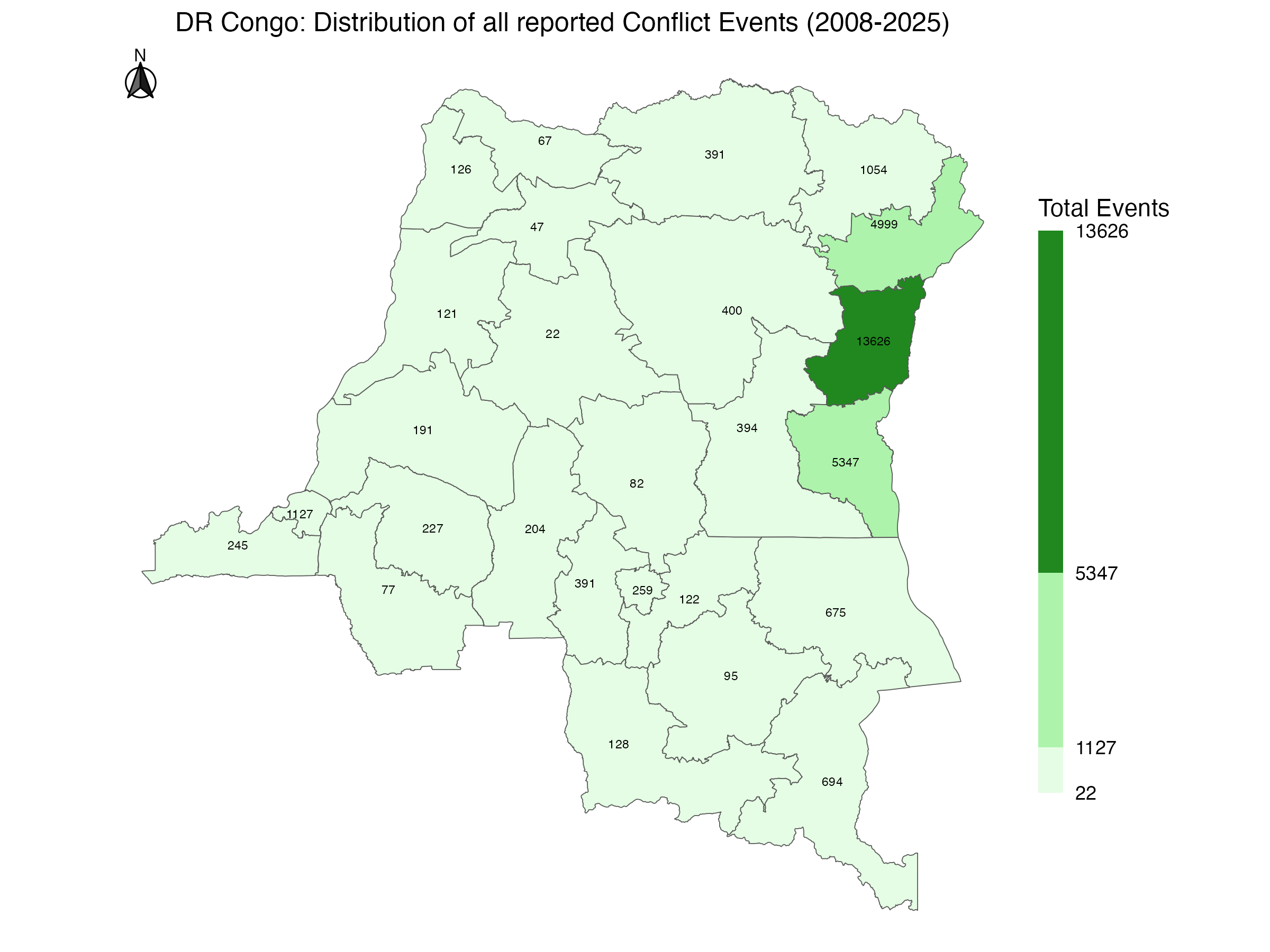 Visualization of reported events between 2008-2025, by location within DR Congo subregions