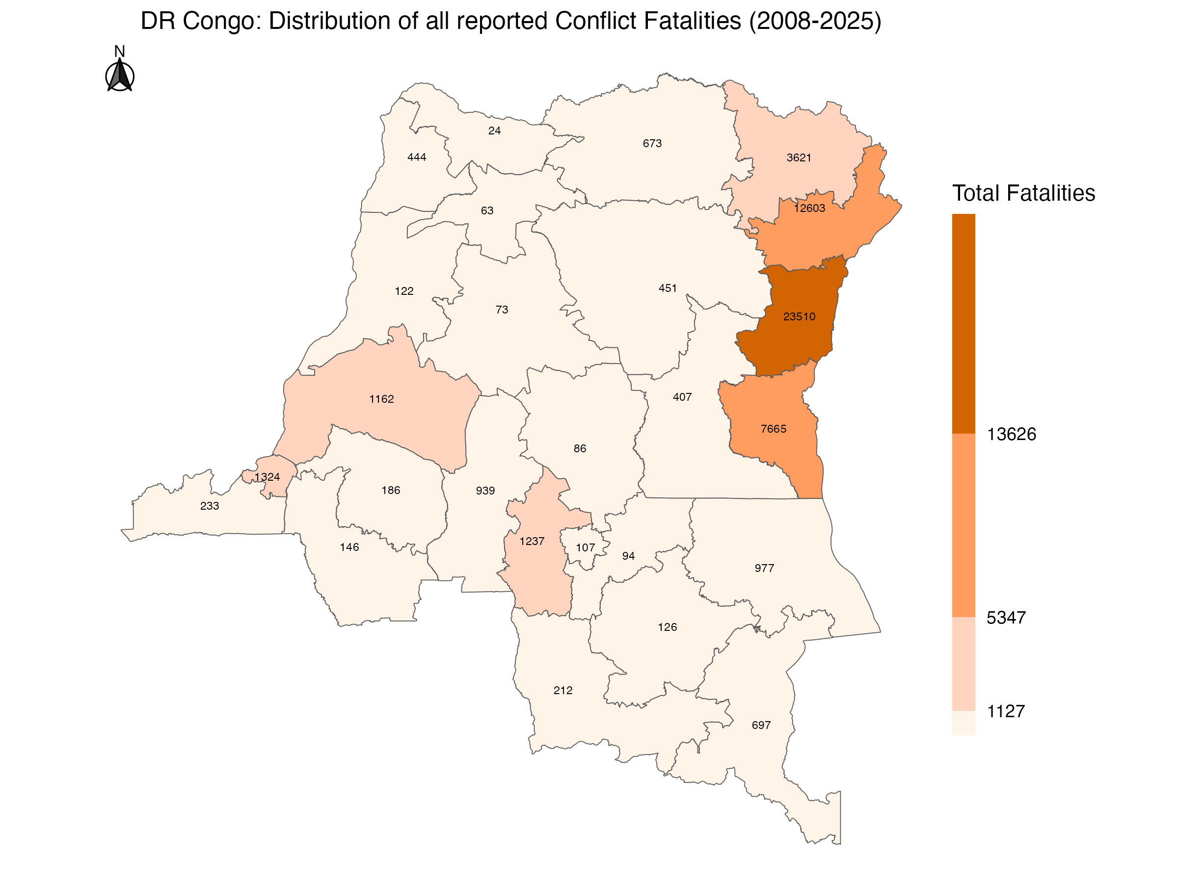 Visualization of reported fatalities between 2008-2025, by location within DR Congo subregions