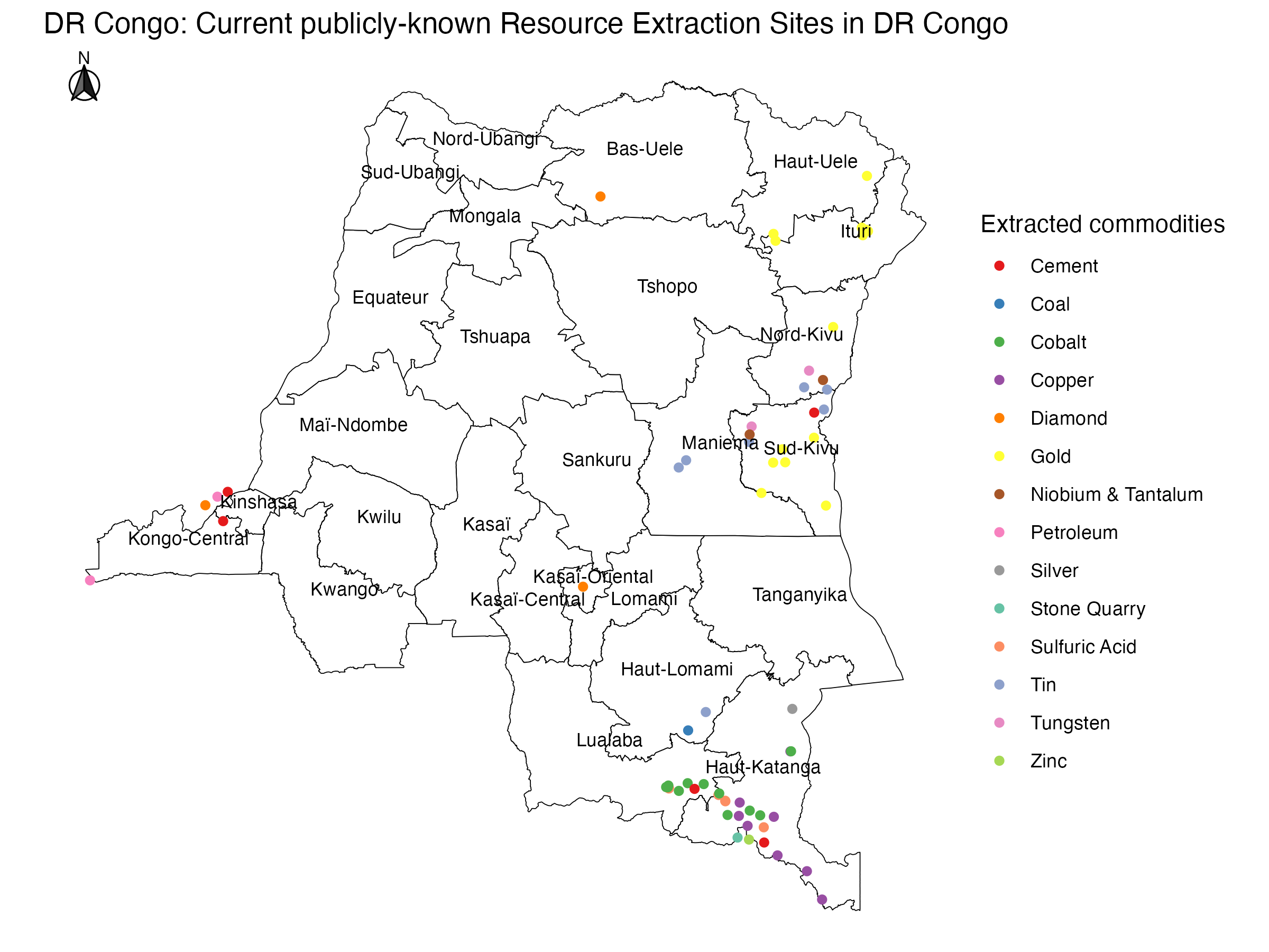 Visualization of all known resource extraction sites in the DR Congo