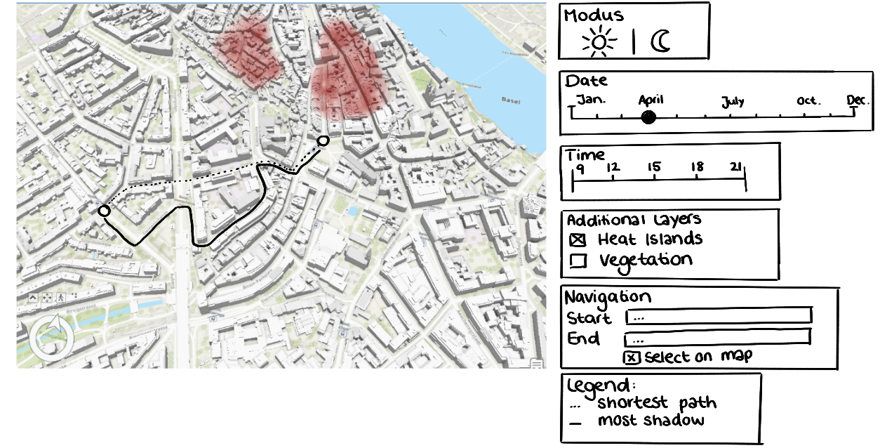 Initial design sketch of the Shadow Routes web map